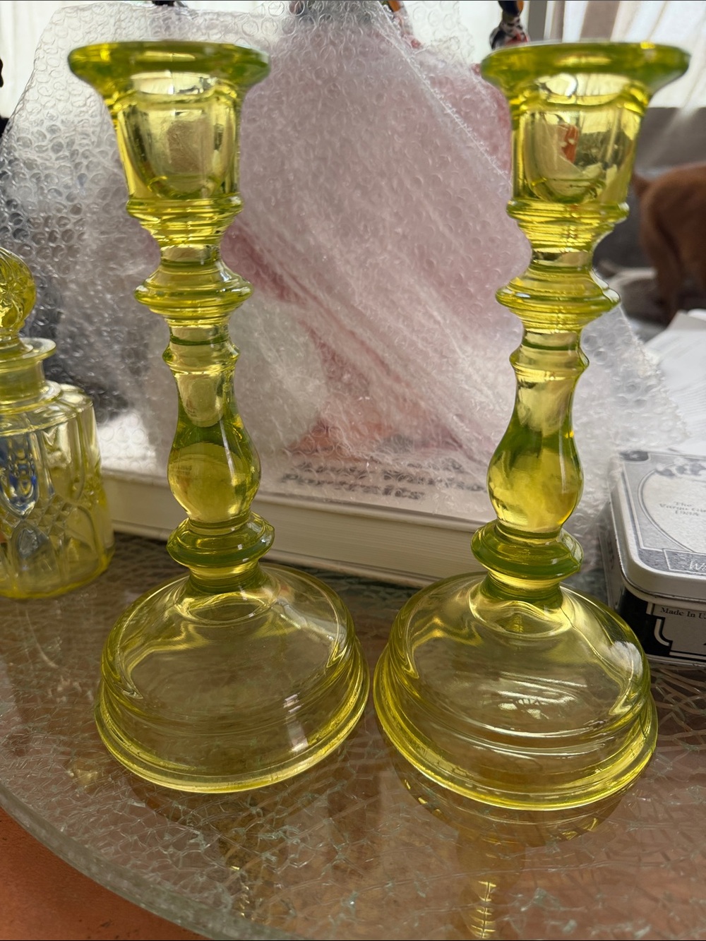 Vintage uranium Yellow Glass Candlestick Holders - Pair